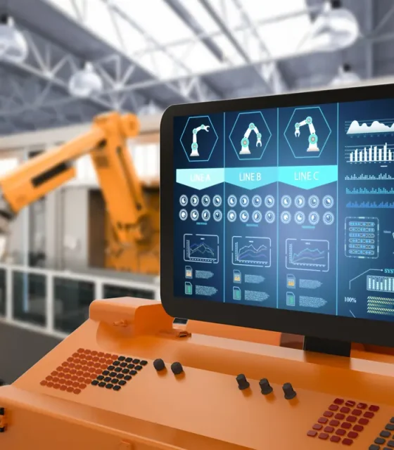 automation-factory-concept-with-3d-rendering-control-panel-screen-with-robotic-arms