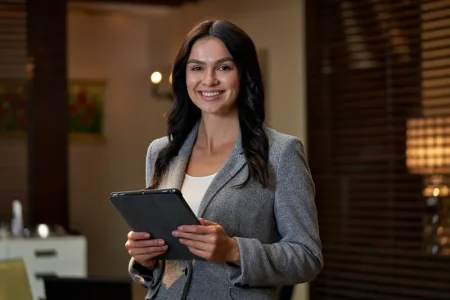 businesswoman-smiling-camera-while-standing-restaurant-keeping-electronic-tablet-with-two-hands