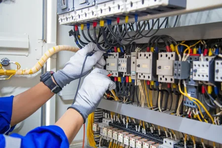 electricity-electrical-maintenance-service-engineer-hand-holding-ac-voltmeter-checking-electric-current-voltage-circuit-breaker-terminal-cable-wiring-main-power-distribution-board