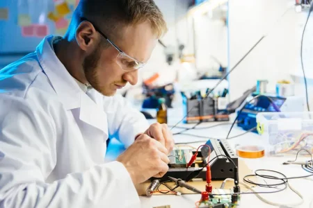 electronic-laboratory-worker-connects-circuit-board-with-wires-clamps-testing-metering