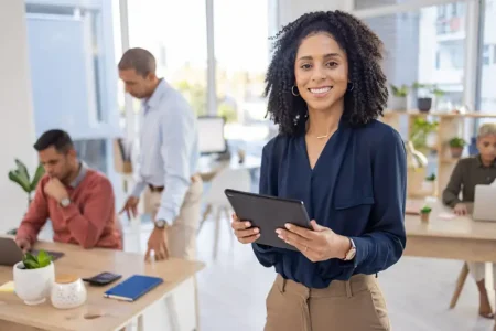 office-portrait-black-woman-tablet-management-business-research-startup-leadership-happy-manager-employees-person-with-tech-goals-human-resources-company-workflow