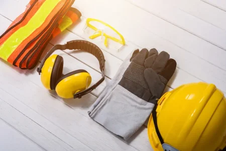 standard-construction-safety-equipment-white-wooden-background-safety-first-concepts